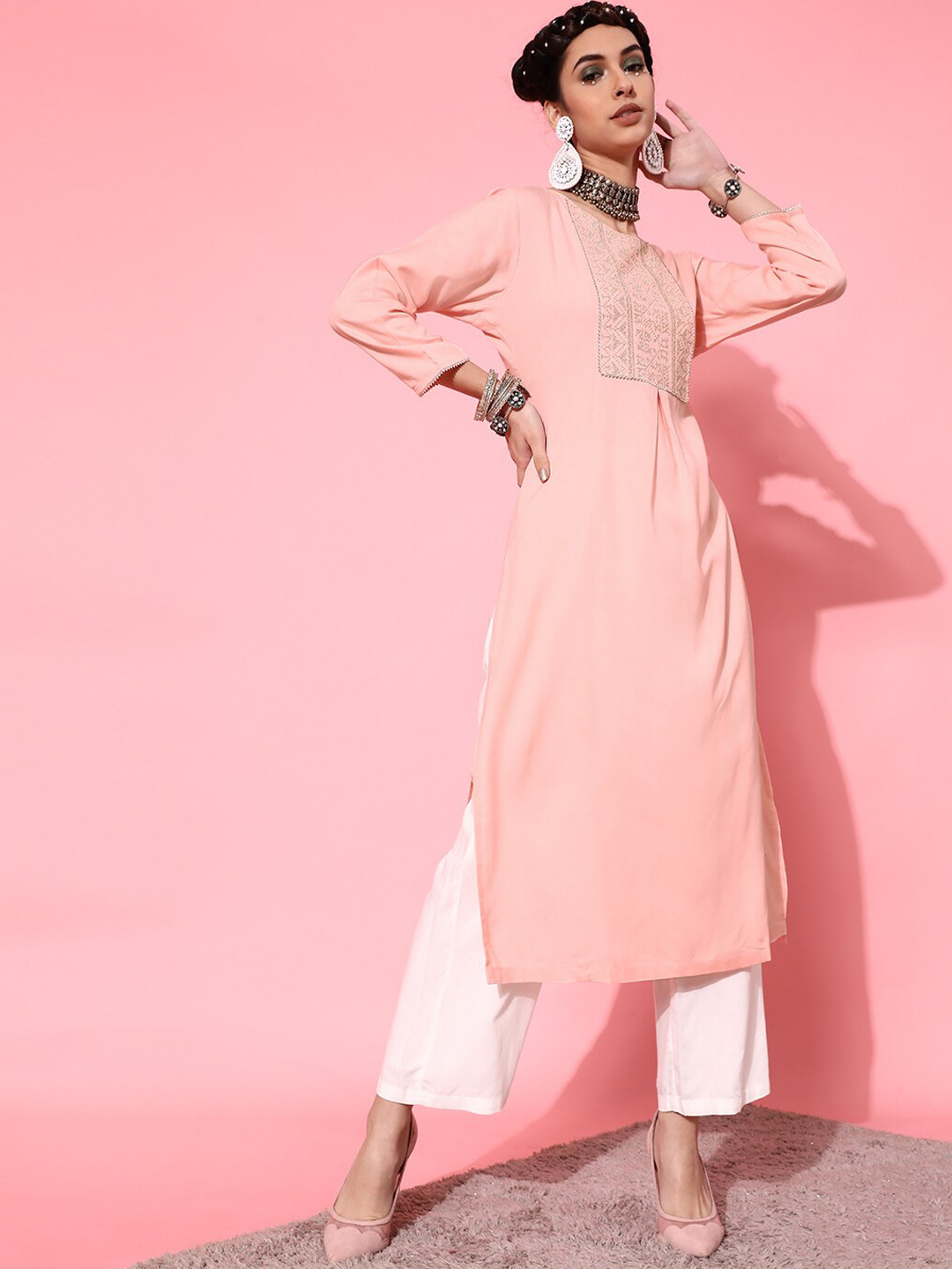

STREET 9 Women Pink & White Embroidered Pure Cotton Kurta with Palazzo