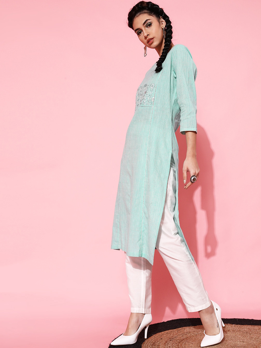 

STREET 9 Women Turquoise Blue Embroidered Pure Cotton Kurta with Trousers