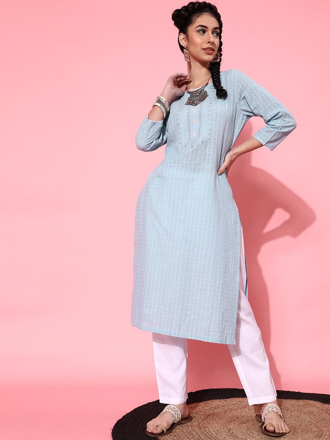 

STREET 9 Women Blue Floral Embroidered Pure Cotton Kurta with Trousers