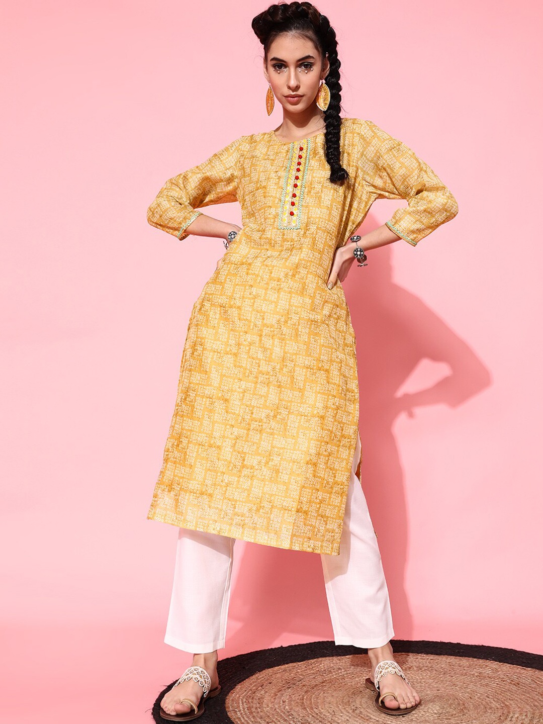 

STREET 9 Women Yellow Bandhani Printed Pure Cotton Kurta with Trousers
