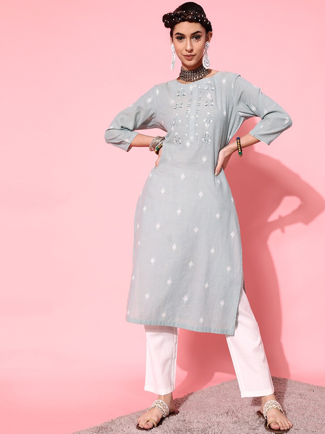 

STREET 9 Women Grey & Off White Embroidered Pure Cotton Kurta with Trousers