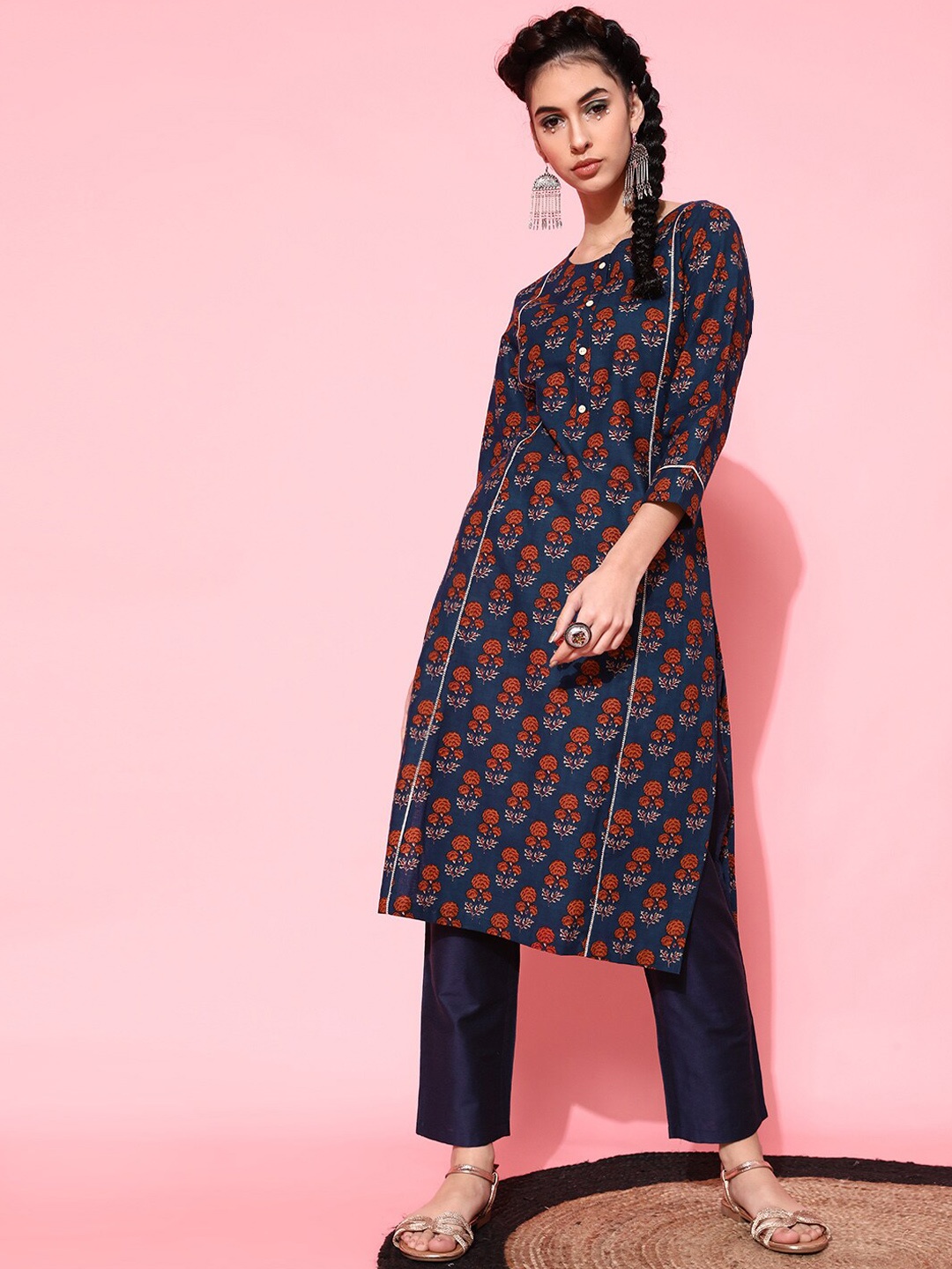 

STREET 9 Women Blue & Red Floral Printed Pure Cotton Kurta