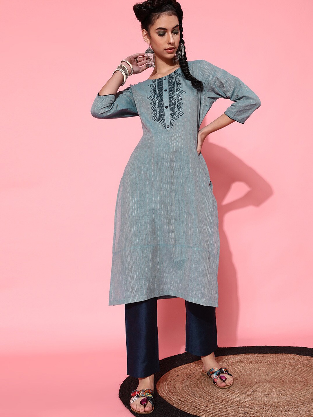 

STREET 9 Women Grey & Blue Embroidered Pure Cotton Kurta with Trousers