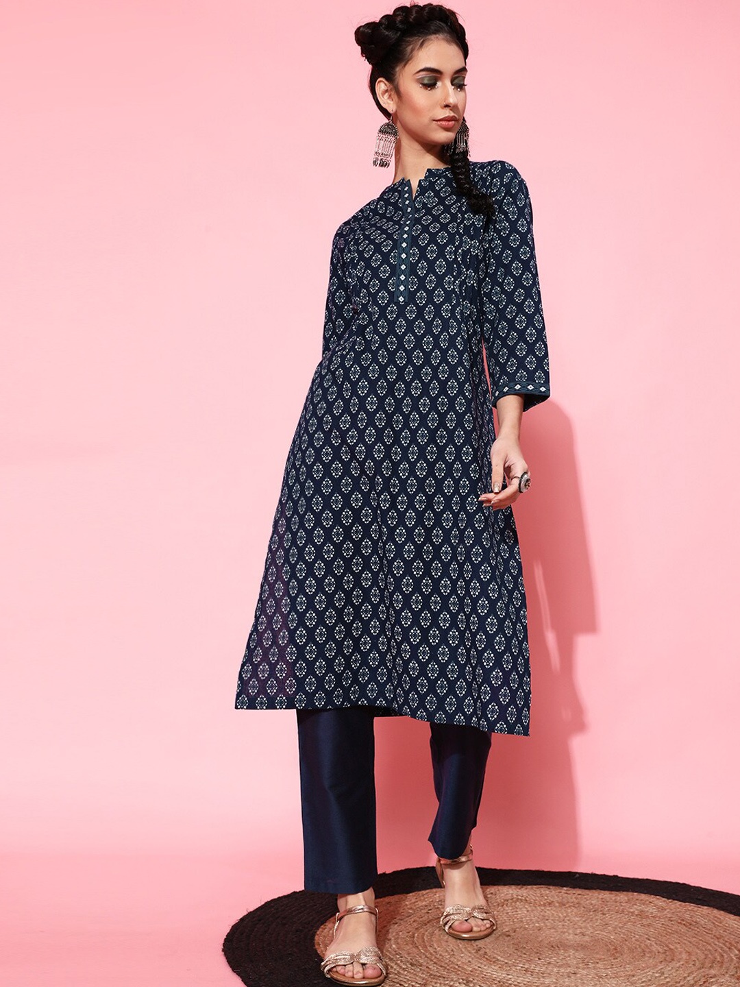 

STREET 9 Women Blue Geometric Printed Cotton Kurta