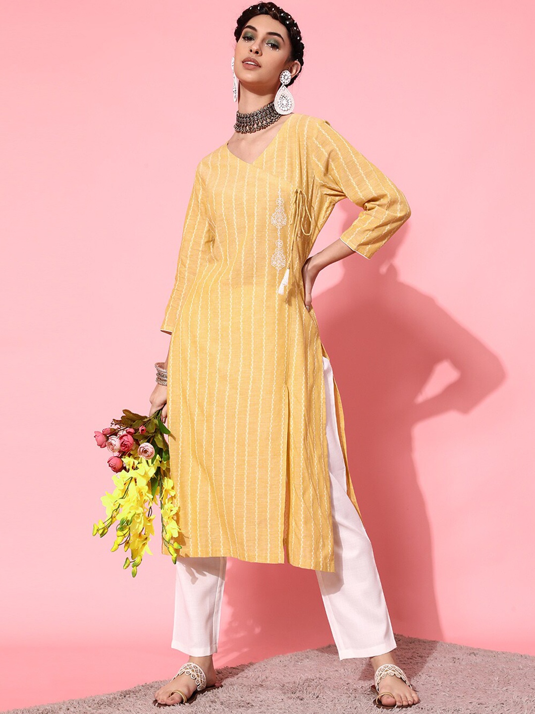 

STREET 9 Women Yellow Ethnic Motifs Printed Angrakha Pure Cotton Kurta with Trousers