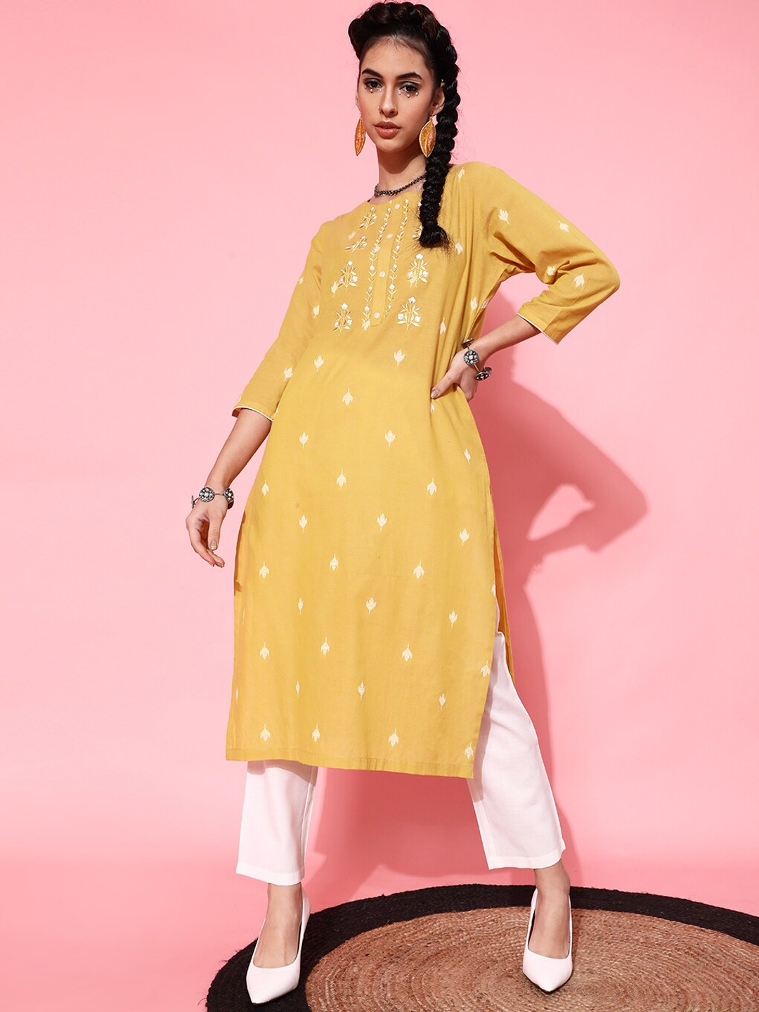 

STREET 9 Women Mustard Yellow Floral Embroidered Pleated Pure Cotton Kurta with Trousers