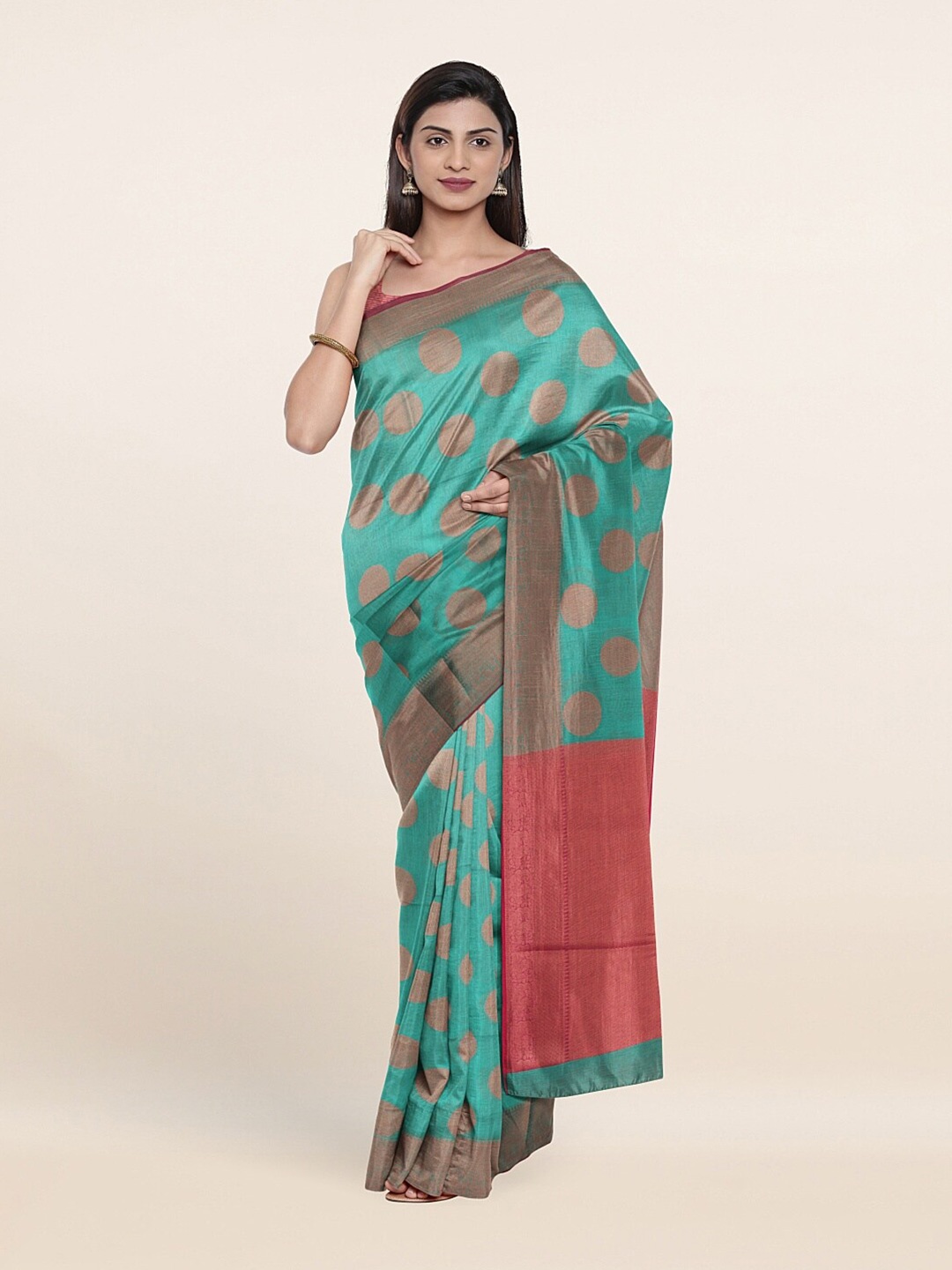 

Pothys Green & Orange Woven Design Cotton Blend Zari Saree