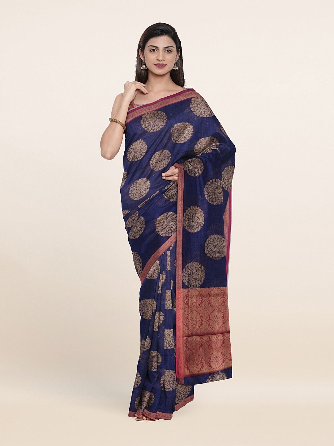

Pothys Navy Blue & Copper-Toned Ethnic Motifs Zari Saree