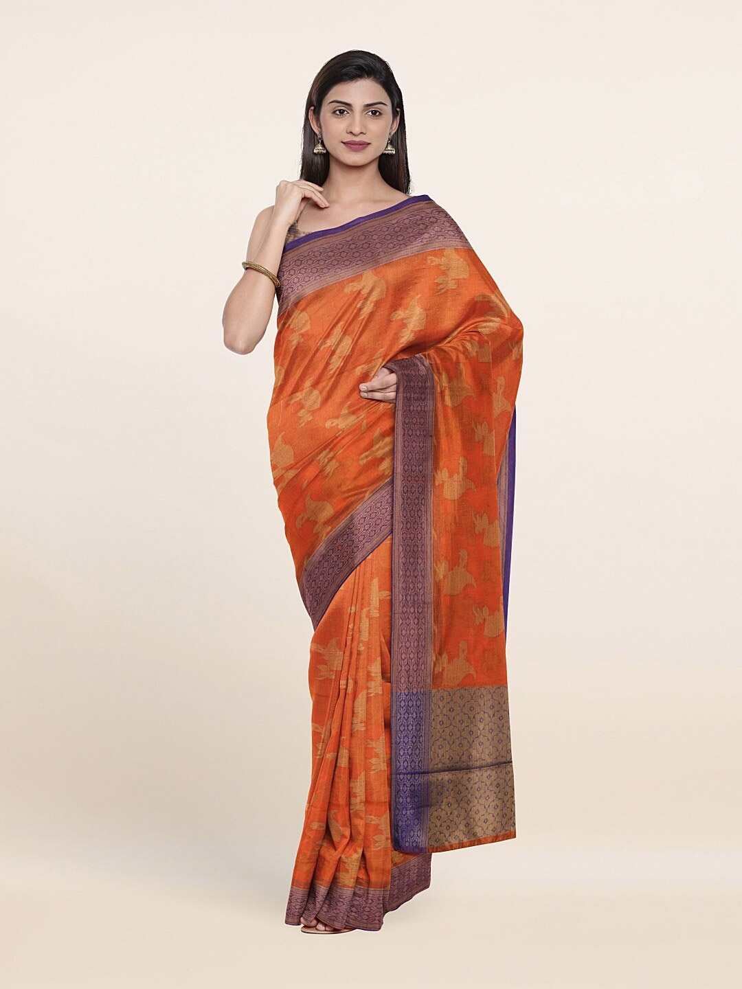 

Pothys Orange & Blue Woven Design Zari Saree