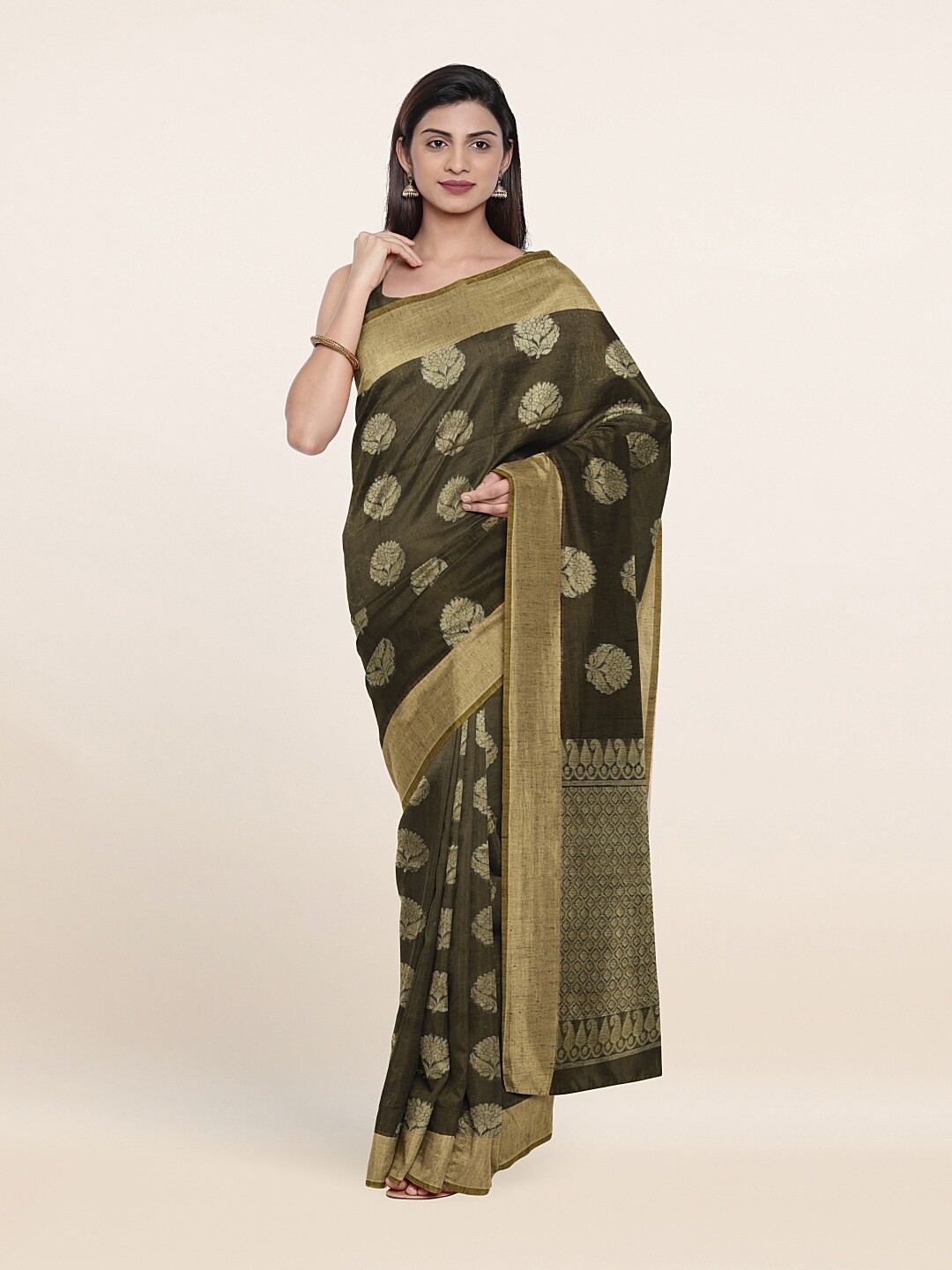 

Pothys Green & Gold-Toned Woven Design Zari Saree