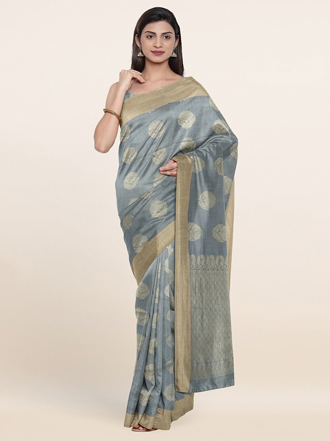 

Pothys Blue & Gold-Toned Woven Design Cotton Blend Zari Saree