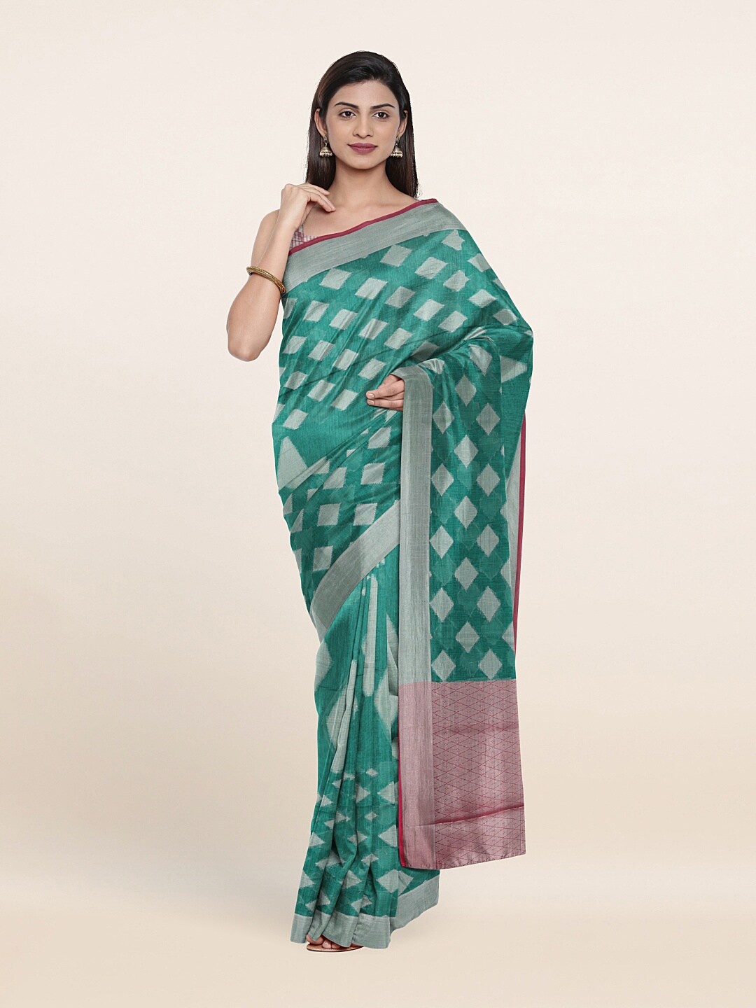 

Pothys Green & Silver-Toned Woven Design Zari Saree