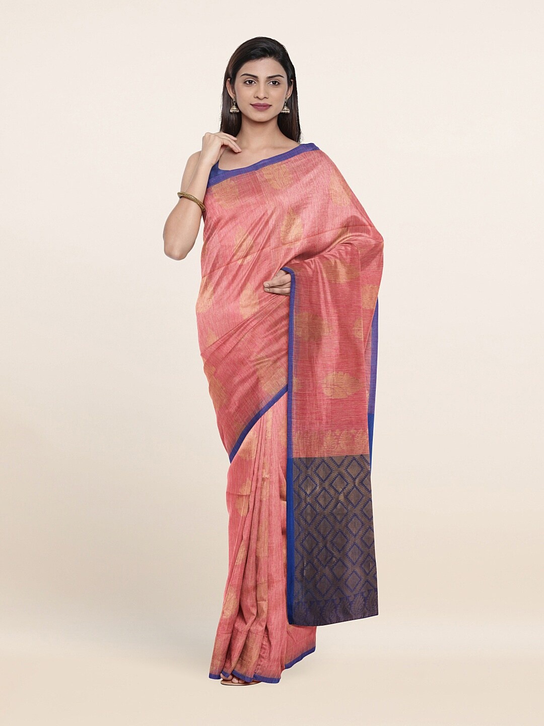 

Pothys Pink & Gold-Toned Ethnic Motifs Zari Saree