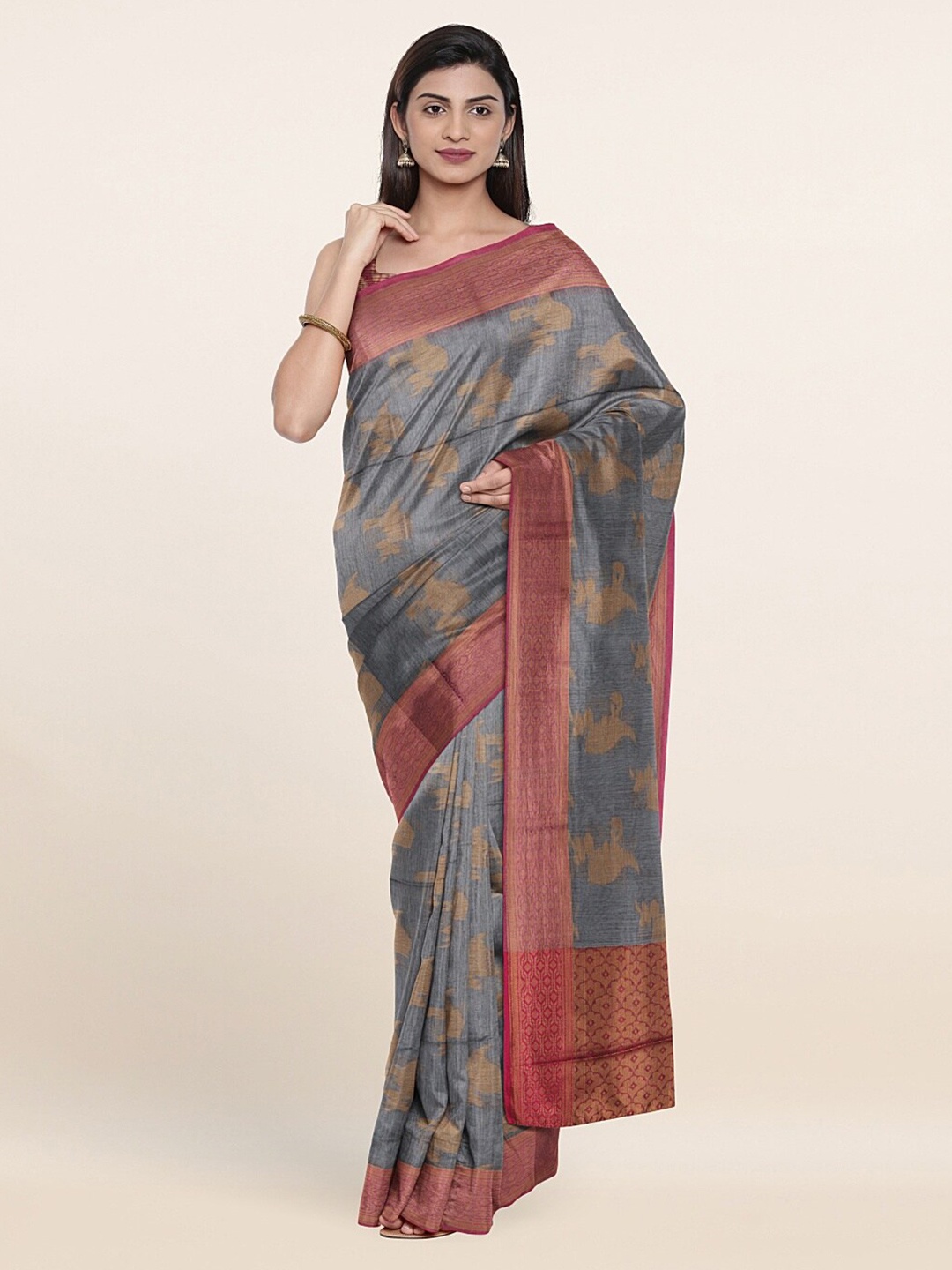 

Pothys Grey & Gold-Toned Woven Design Zari Saree