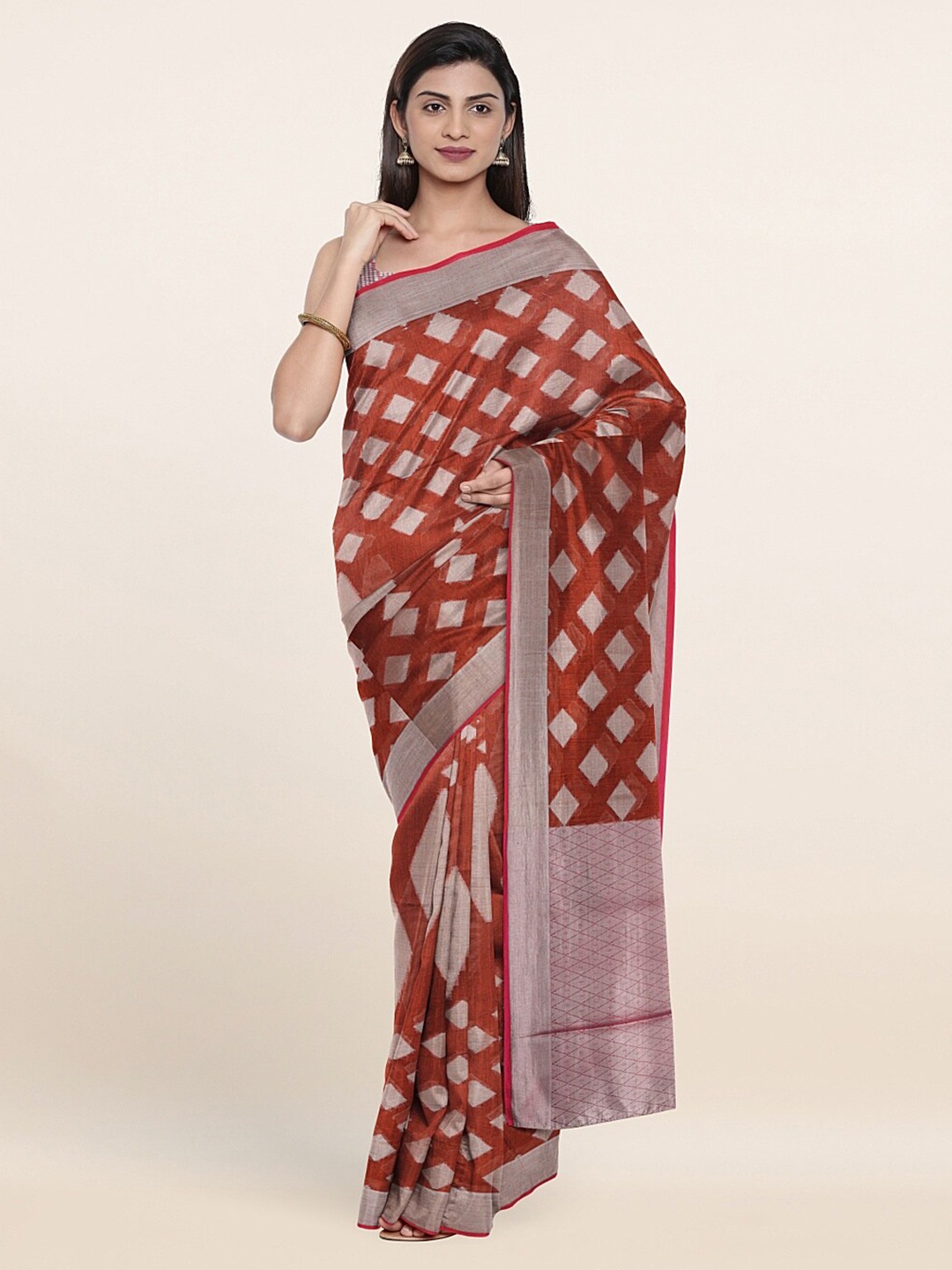 

Pothys Rust & Silver-Toned Woven Design Zari Saree