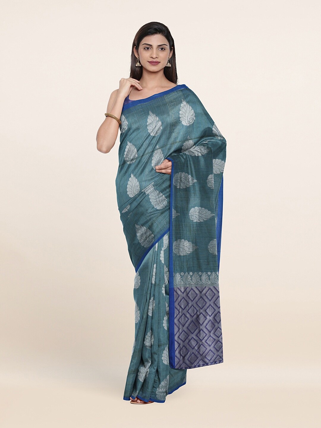 

Pothys Blue & Silver-Coloured Woven Design Zari Saree