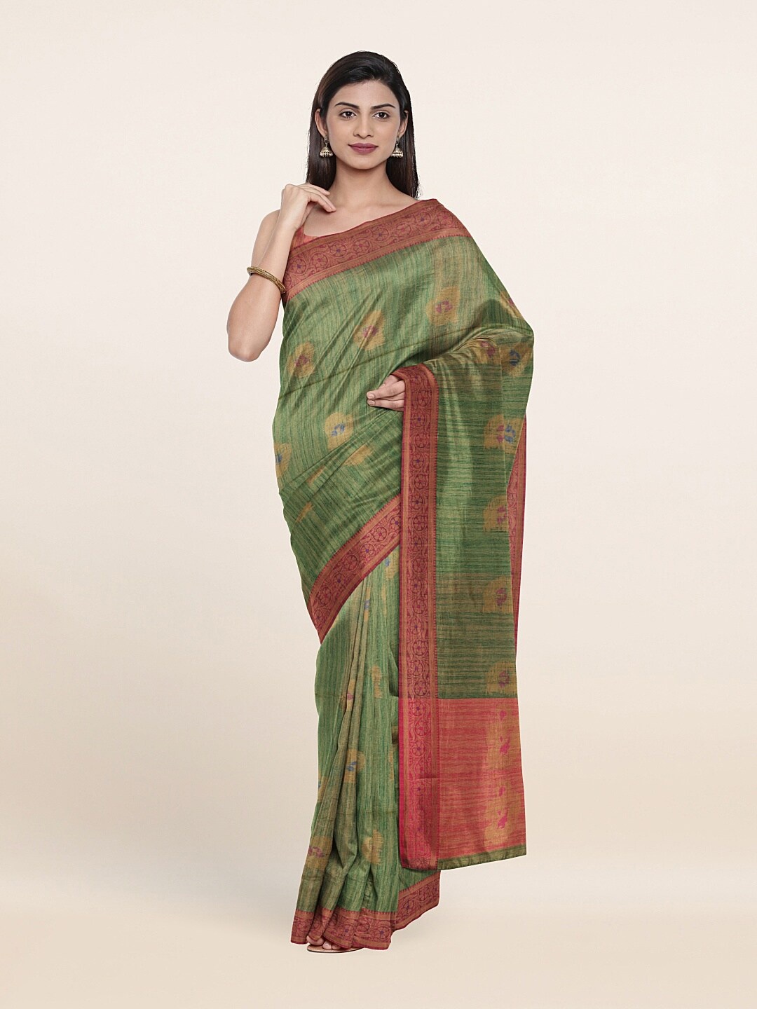 

Pothys Green & Red Ethnic Motifs Zari Saree