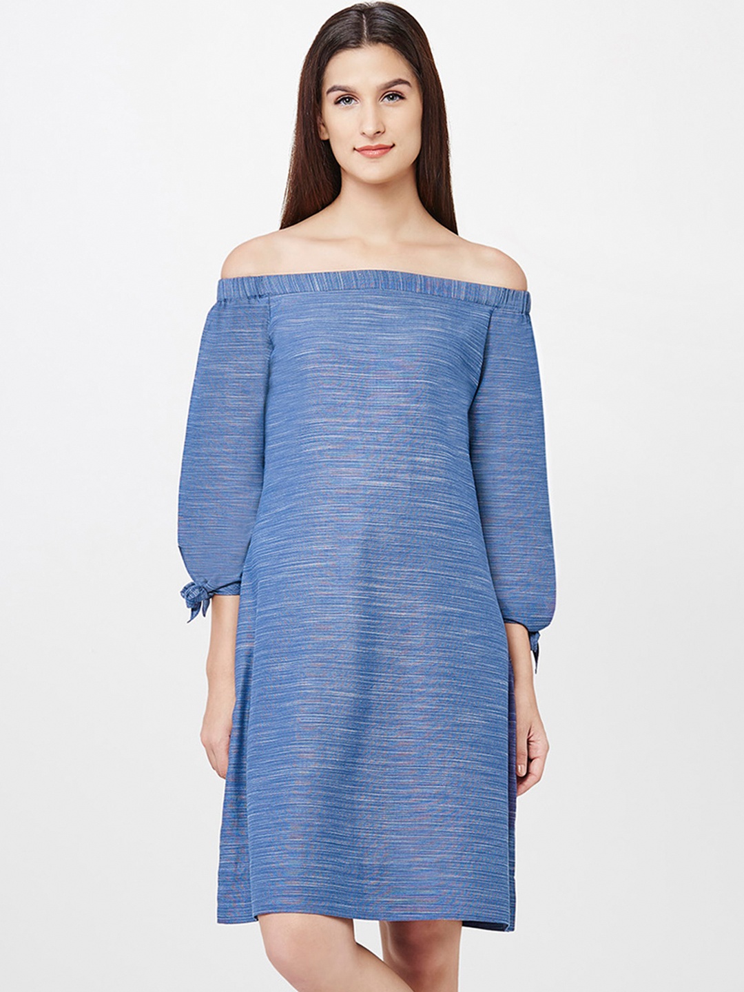 

AND by Anita Dongre Women Blue Solid Off-Shoulder A-Line Dress