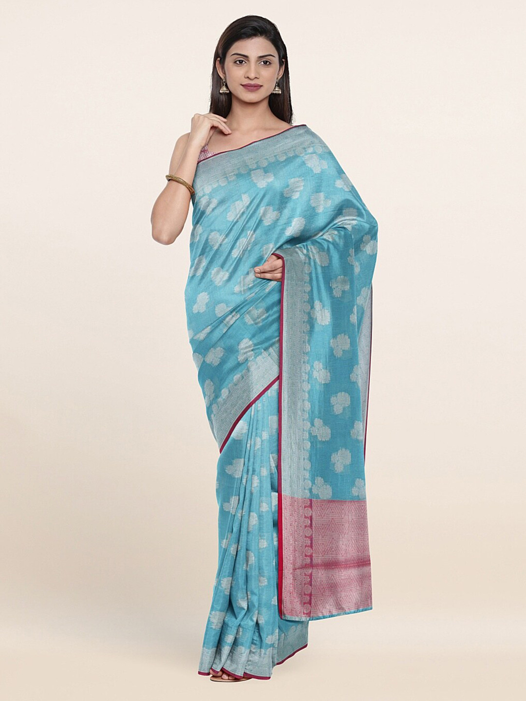 

Pothys Blue & Pink Ethnic Motifs Zari Saree