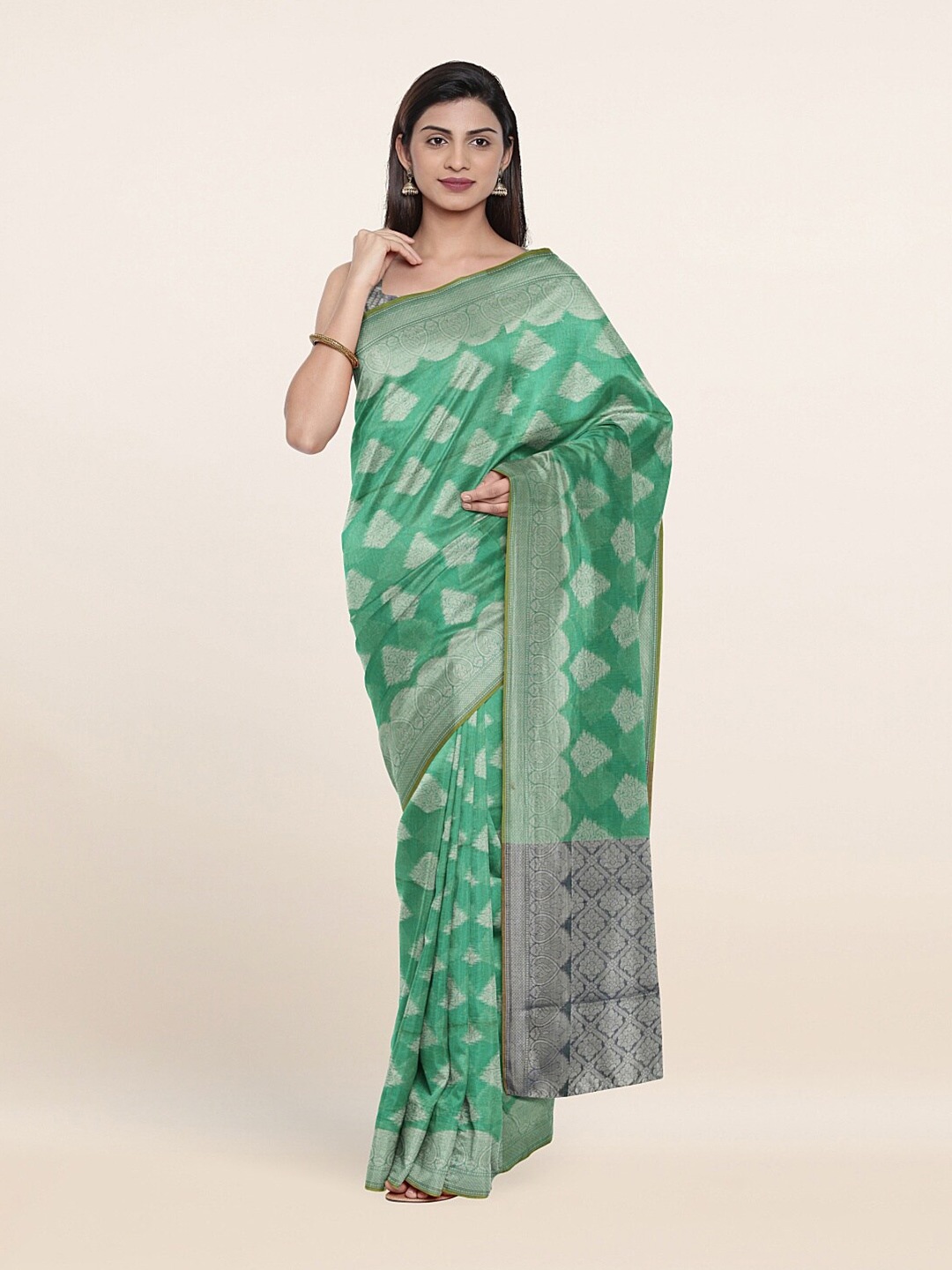 

Pothys Green & Silver-Toned Woven Design Saree