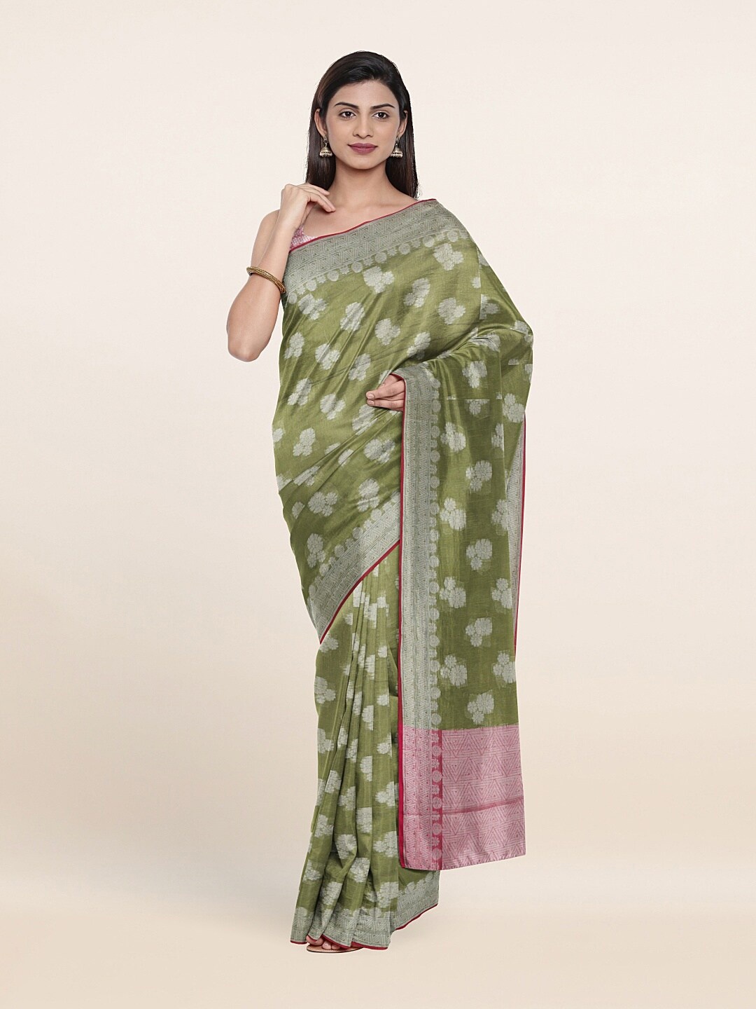 

Pothys Green & Silver-Toned Ethnic Motifs Zari Saree