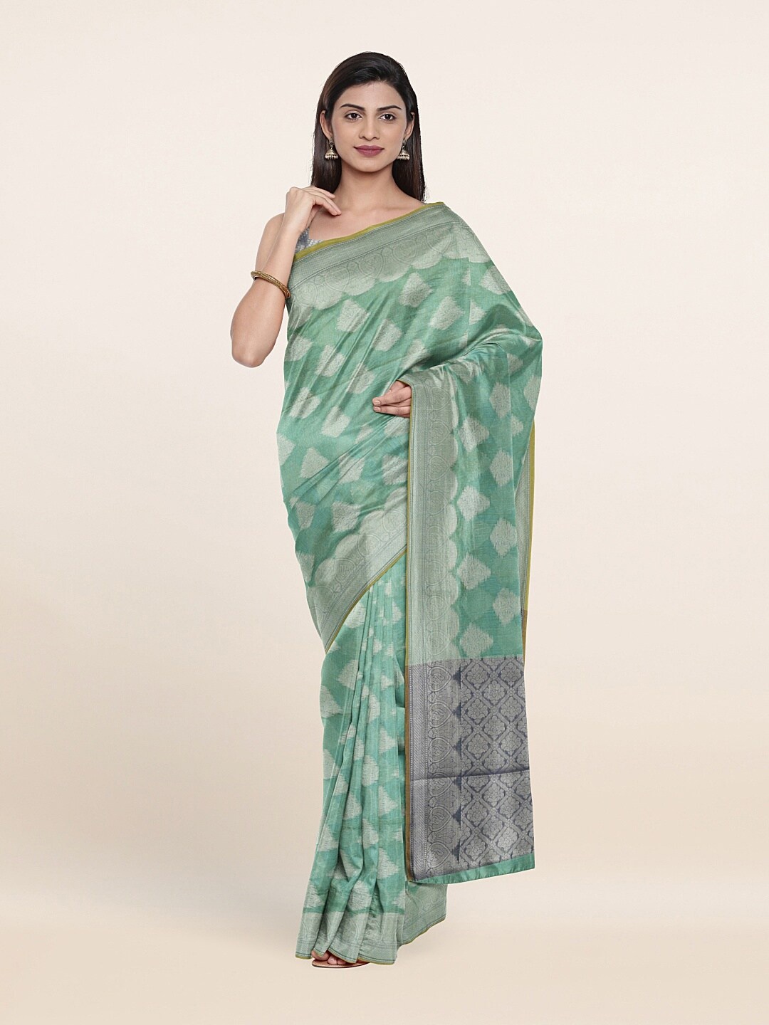 

Pothys Green & Silver-Toned Ethnic Motifs Zari Saree