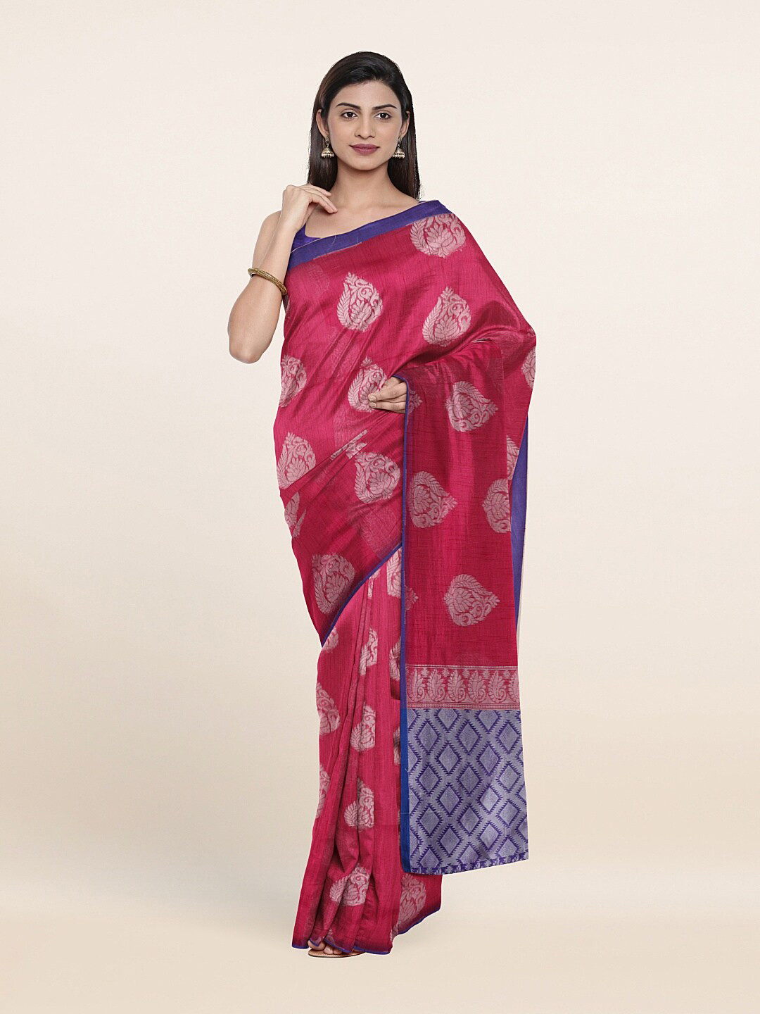 

Pothys Pink & Silver-Toned Ethnic Motifs Zari Saree