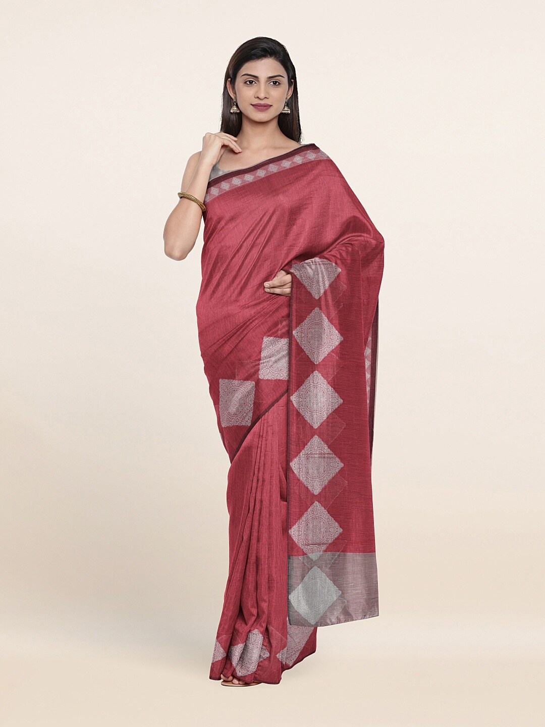 

Pothys Pink & Silver-Toned Woven Design Cotton Blend Zari Saree