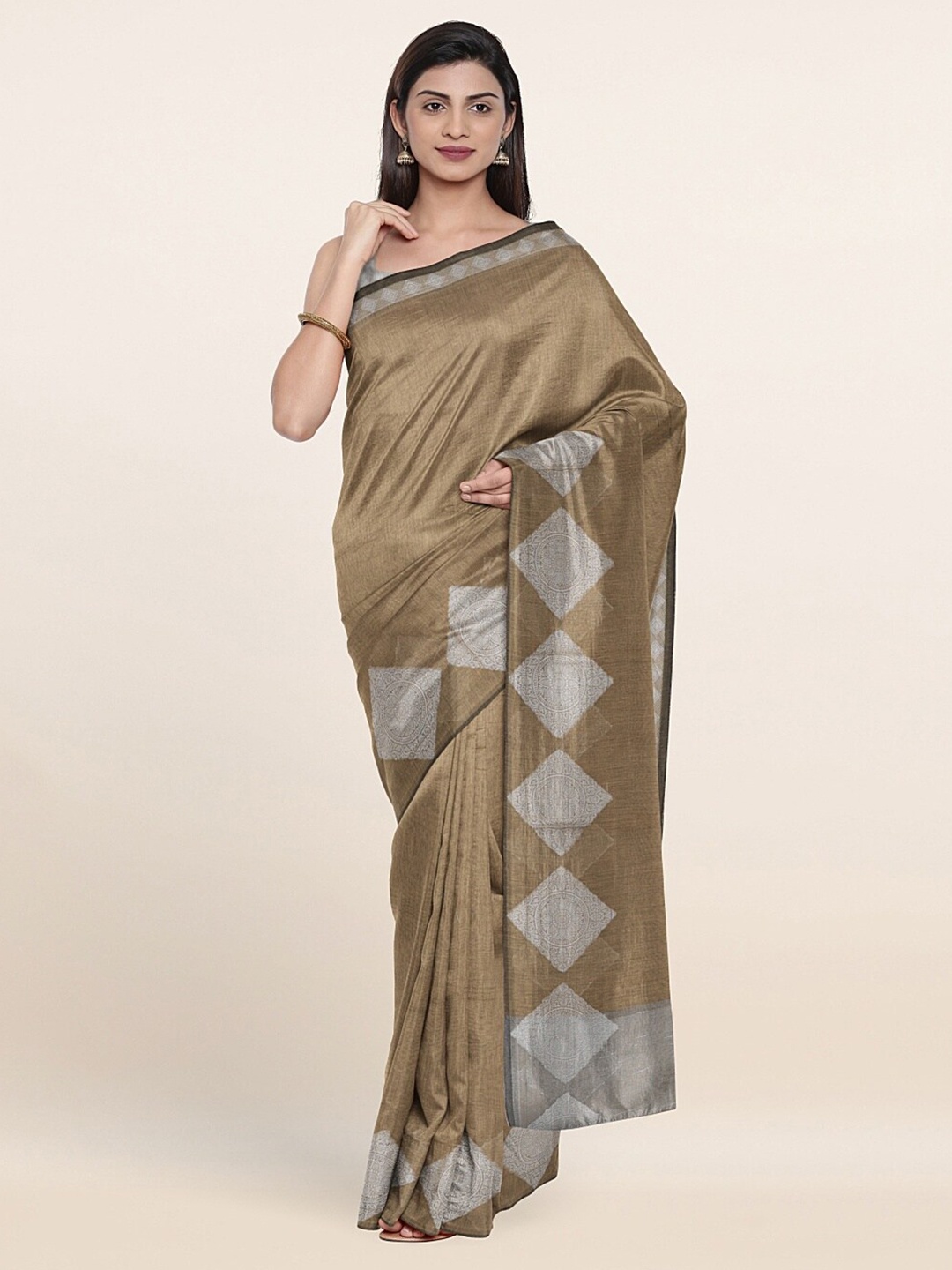 

Pothys Tan & Silver-Toned Woven Design Zari Saree