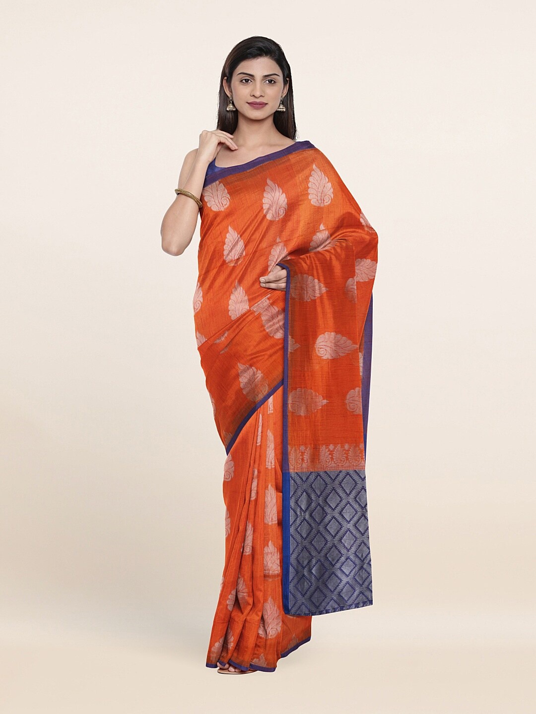 

Pothys Orange & Gold-Toned Woven Design Zari Cotton Saree