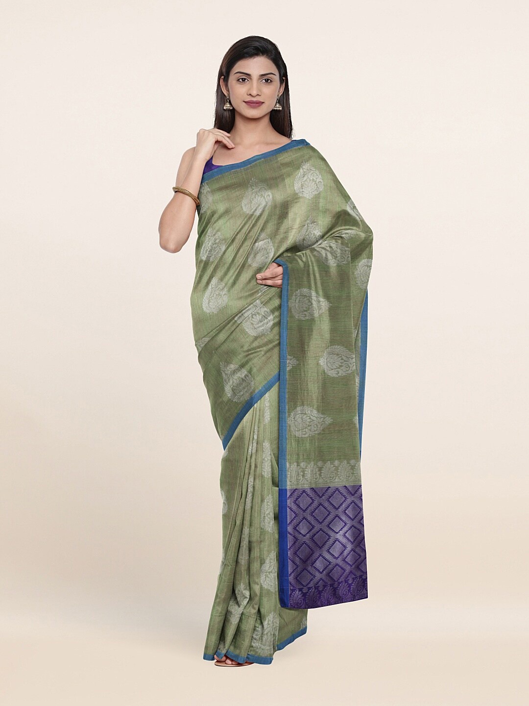 

Pothys Green & Purple Woven Design Cotton Blend Zari Saree