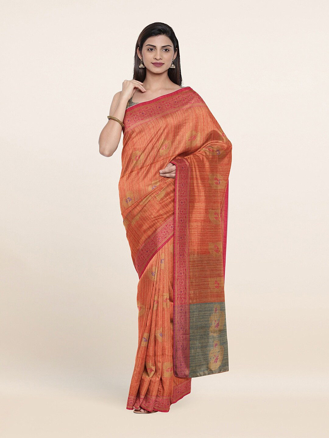 

Pothys Orange & Green Ethnic Motifs Zari Saree