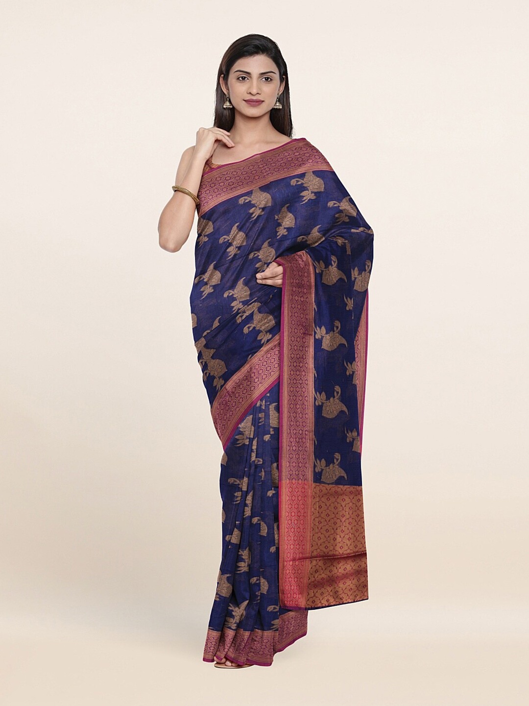 

Pothys Blue & Magenta Floral Zari Saree