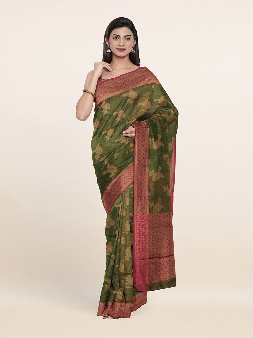 

Pothys Green & Pink Woven Design Cotton Blend Zari Saree
