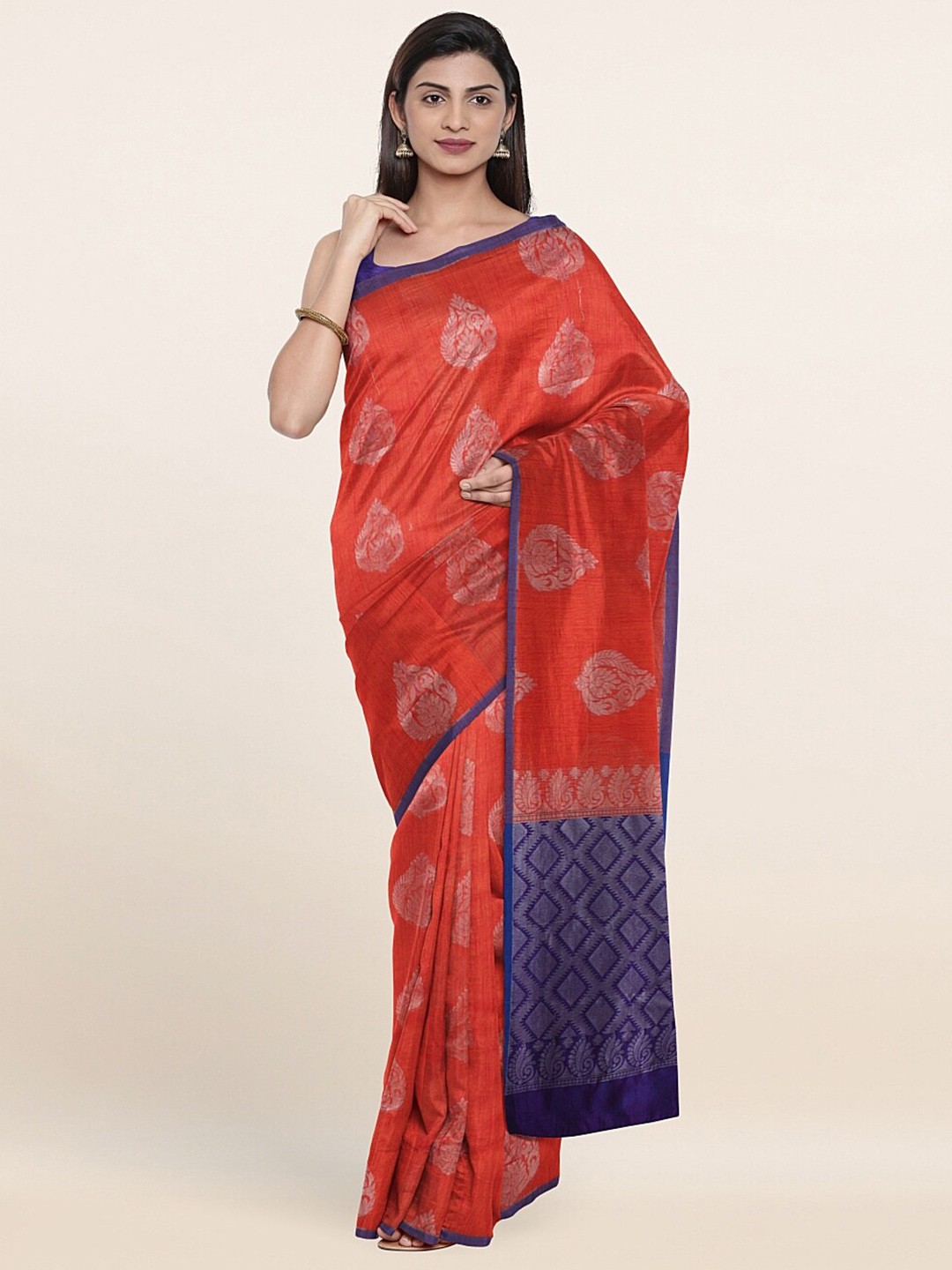 

Pothys Orange & Blue Woven Design Zari Saree