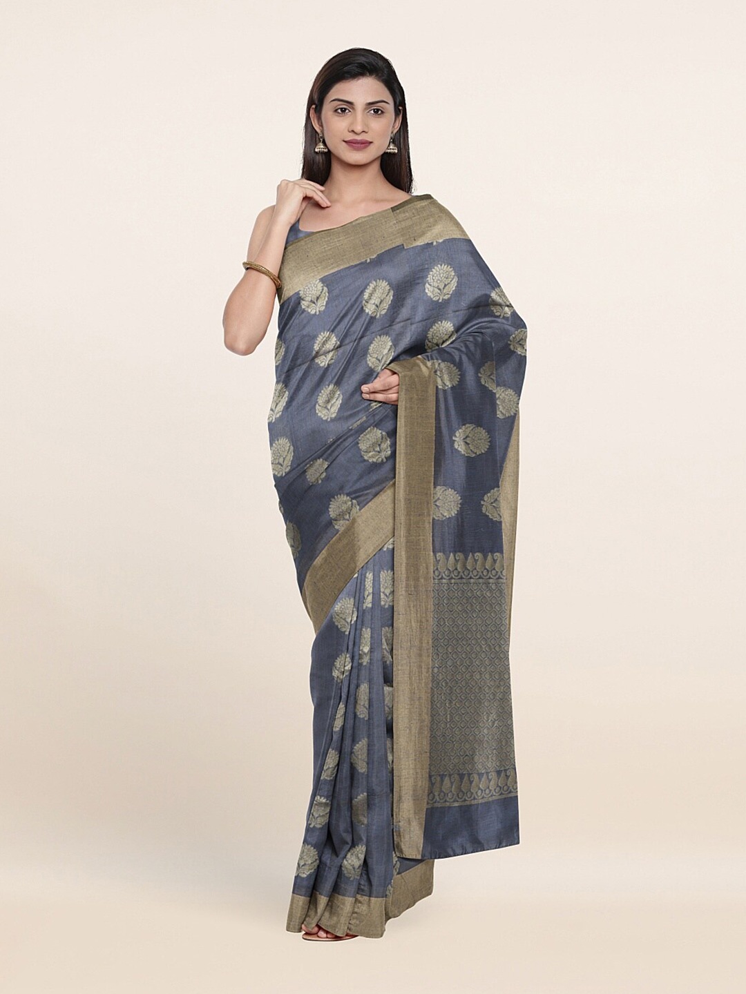 

Pothys Grey & Gold-Toned Ethnic Motifs Zari Saree