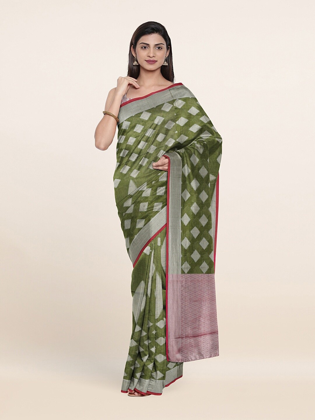 

Pothys Green & Silver-Toned Ethnic Motifs Zari Saree