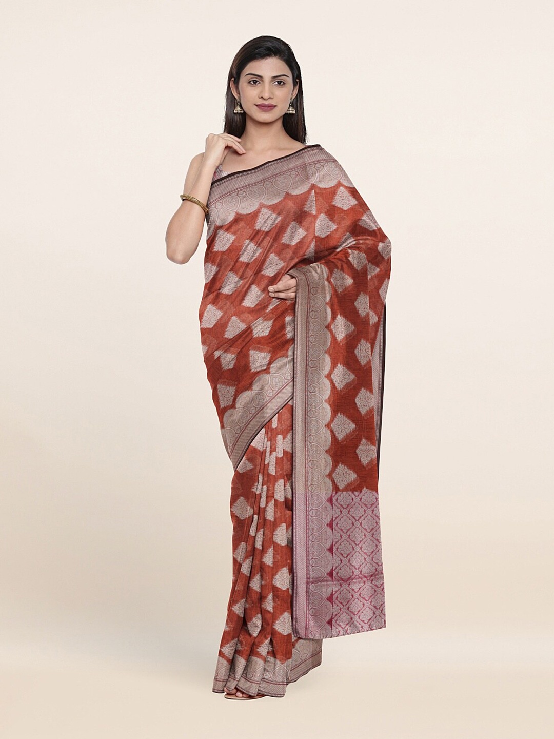 

Pothys Maroon & Silver-Toned Woven Design Cotton Blend Zari Saree