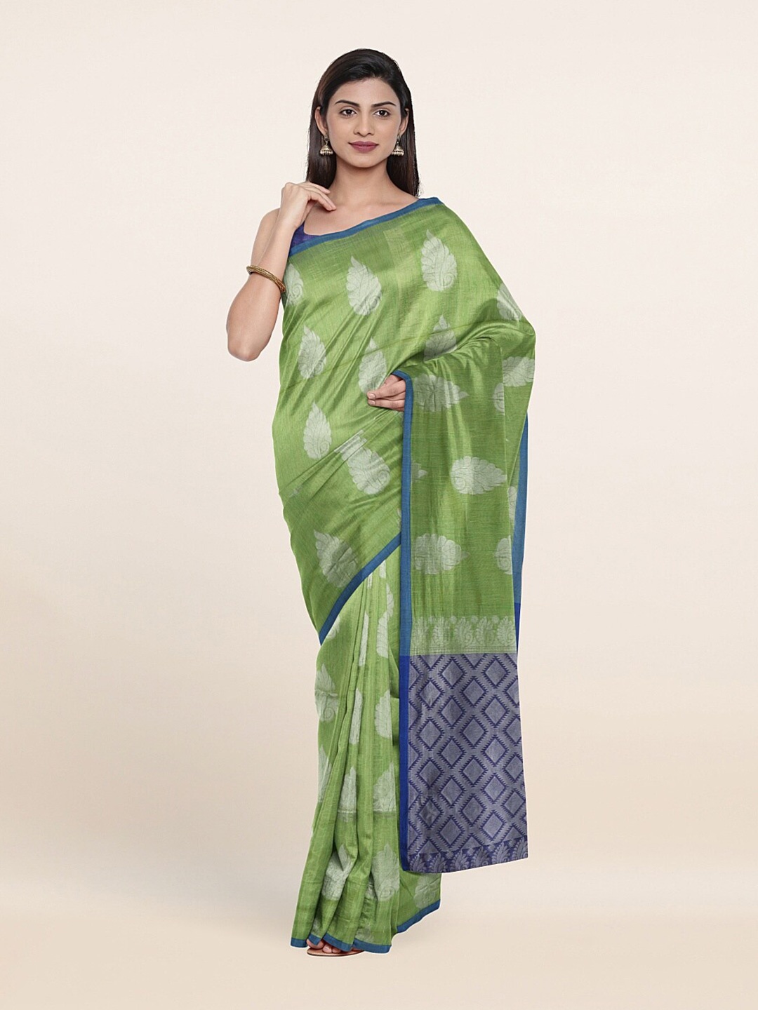 

Pothys Green & Silver-Toned Ethnic Motifs Zari Saree