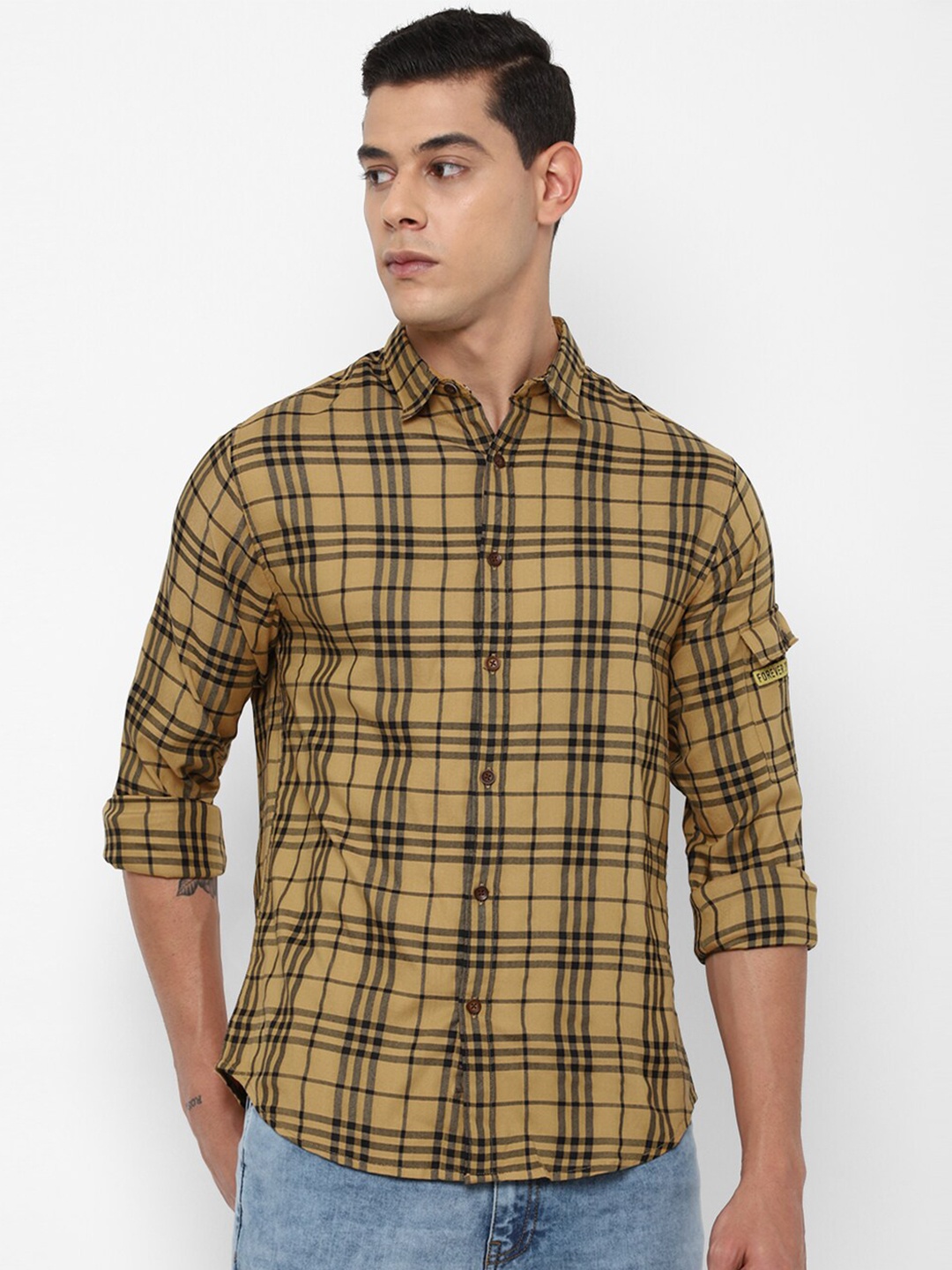 

FOREVER 21 Men Yellow Tartan Checks Regular Fit Cotton Casual Shirt