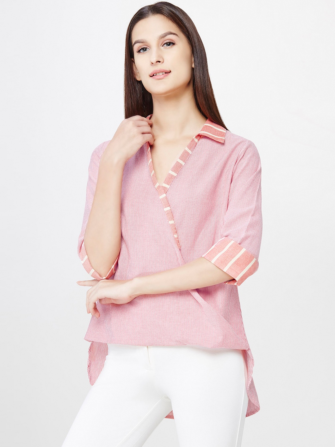 

AND Women Red & White Pinstriped Wrap Pure Cotton Top
