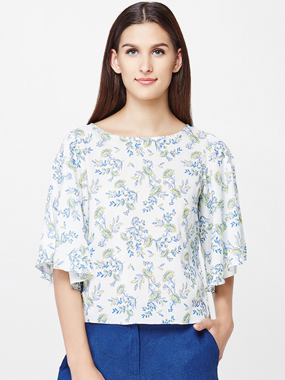 

AND Women White & Blue Printed Top