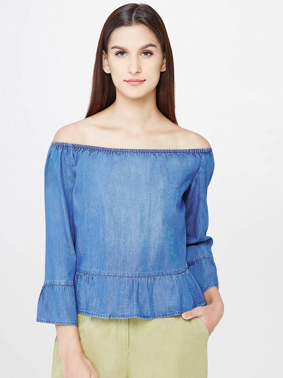 

AND by Anita Dongre Women Blue Denim Off-Shoulder Pure Cotton Top