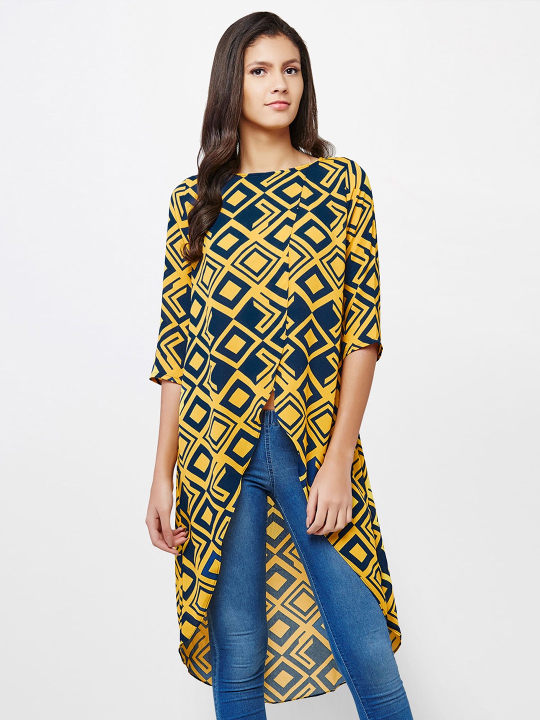 

AND Yellow & Teal Blue Printed Wrap High-Low Tunic