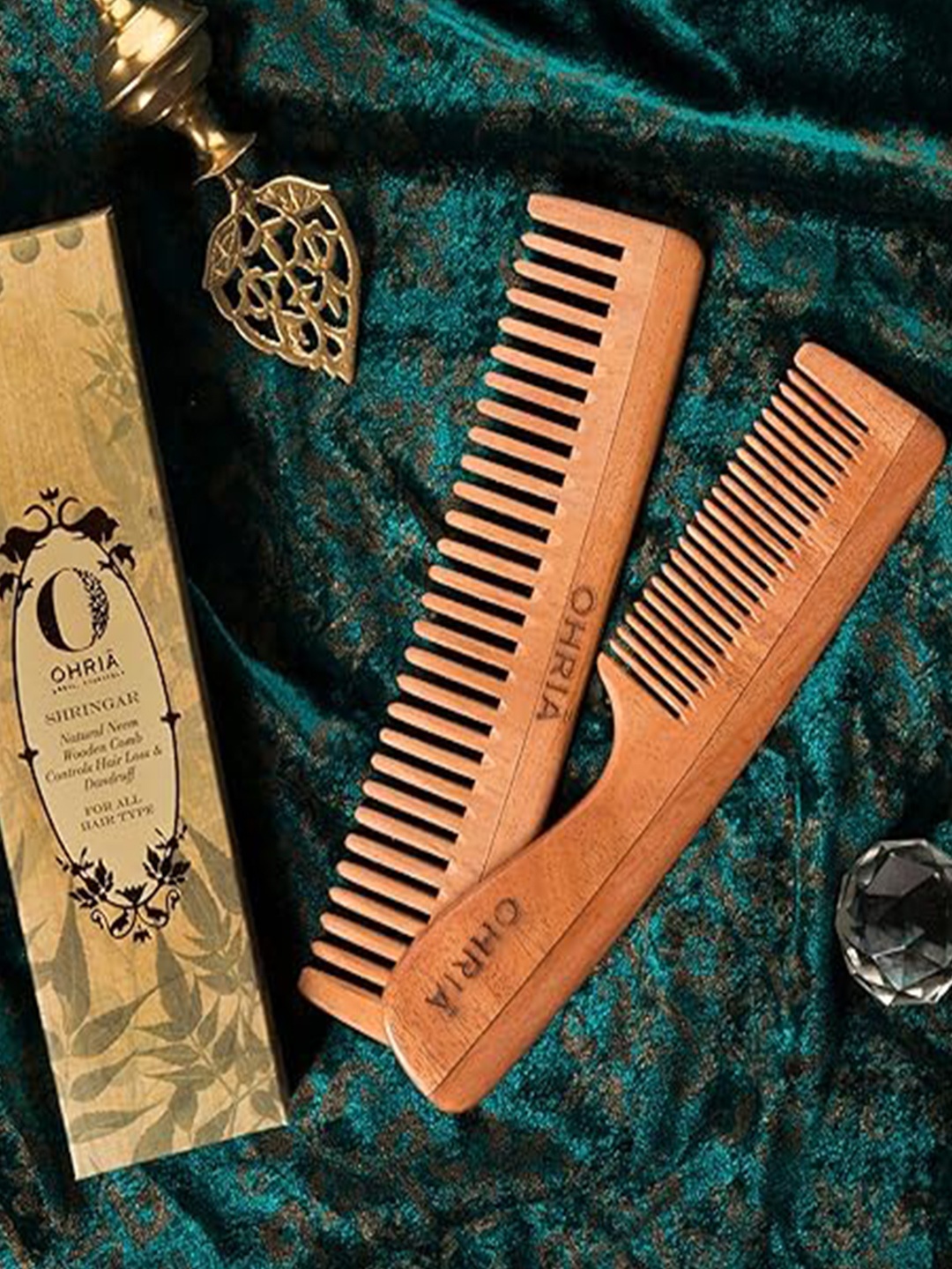 

OHRIA AYURVEDA Natural Neem Wooden Comb with Handle & Fine Tooth for Hair Growth, Brown