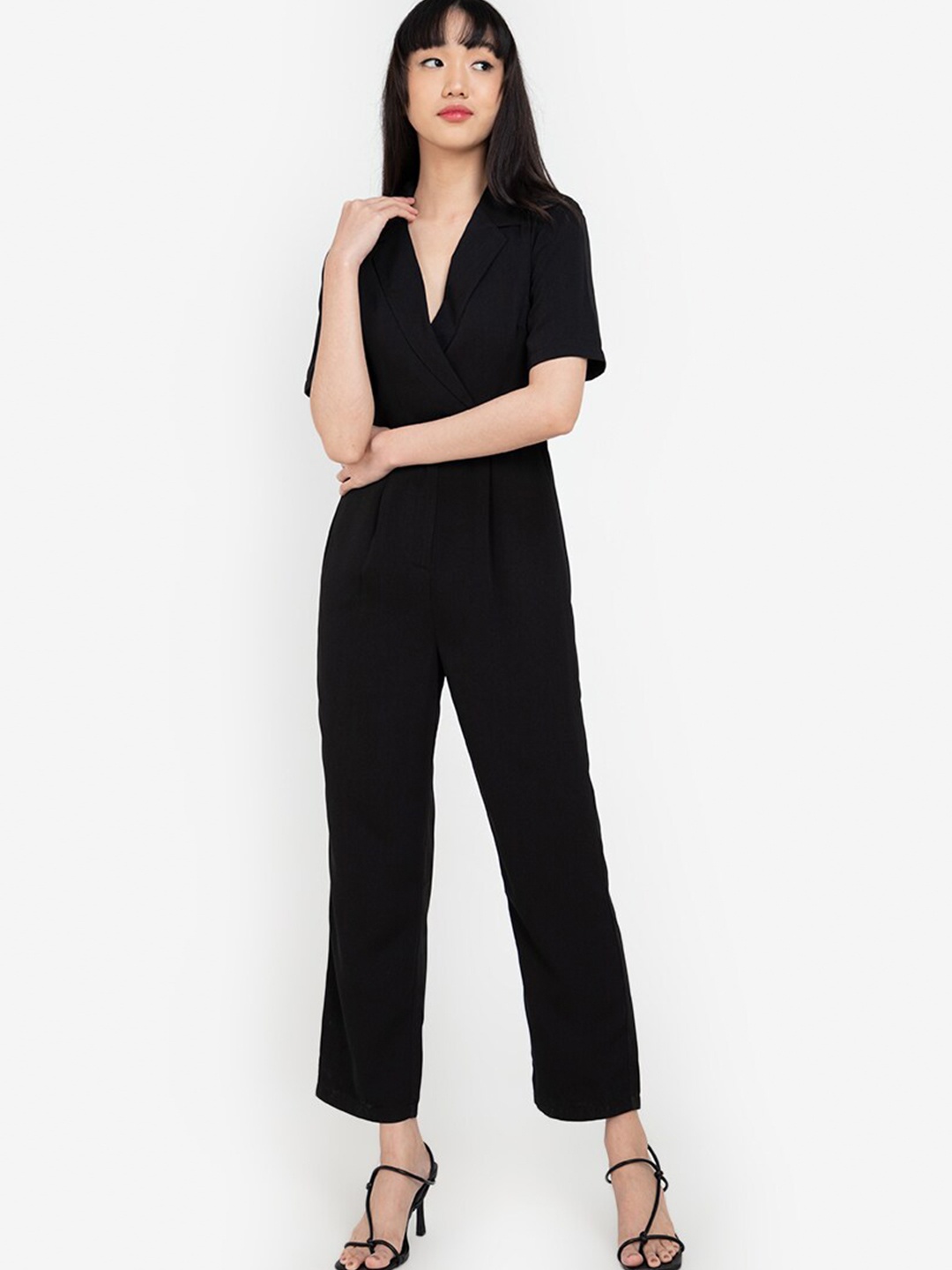 

ZALORA BASICS Black Recycled Polyester Wrap Culotte Jumpsuit