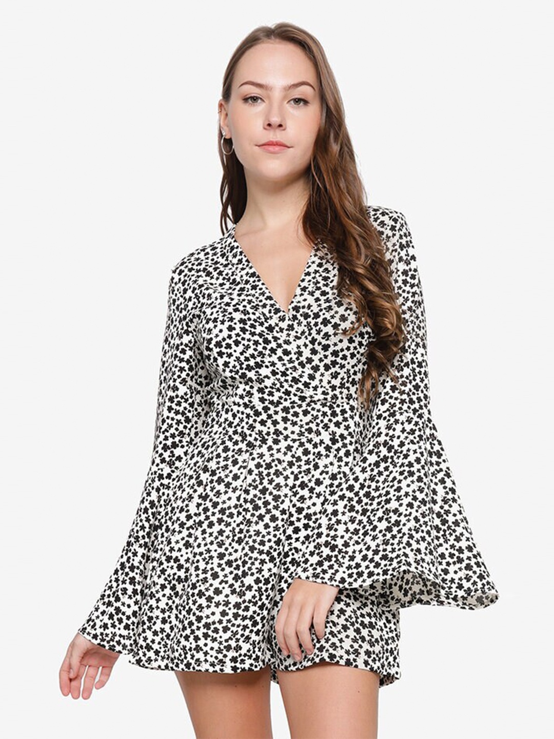 

ZALORA BASICS White & Black Printed Flared Sleeves Jumpsuit