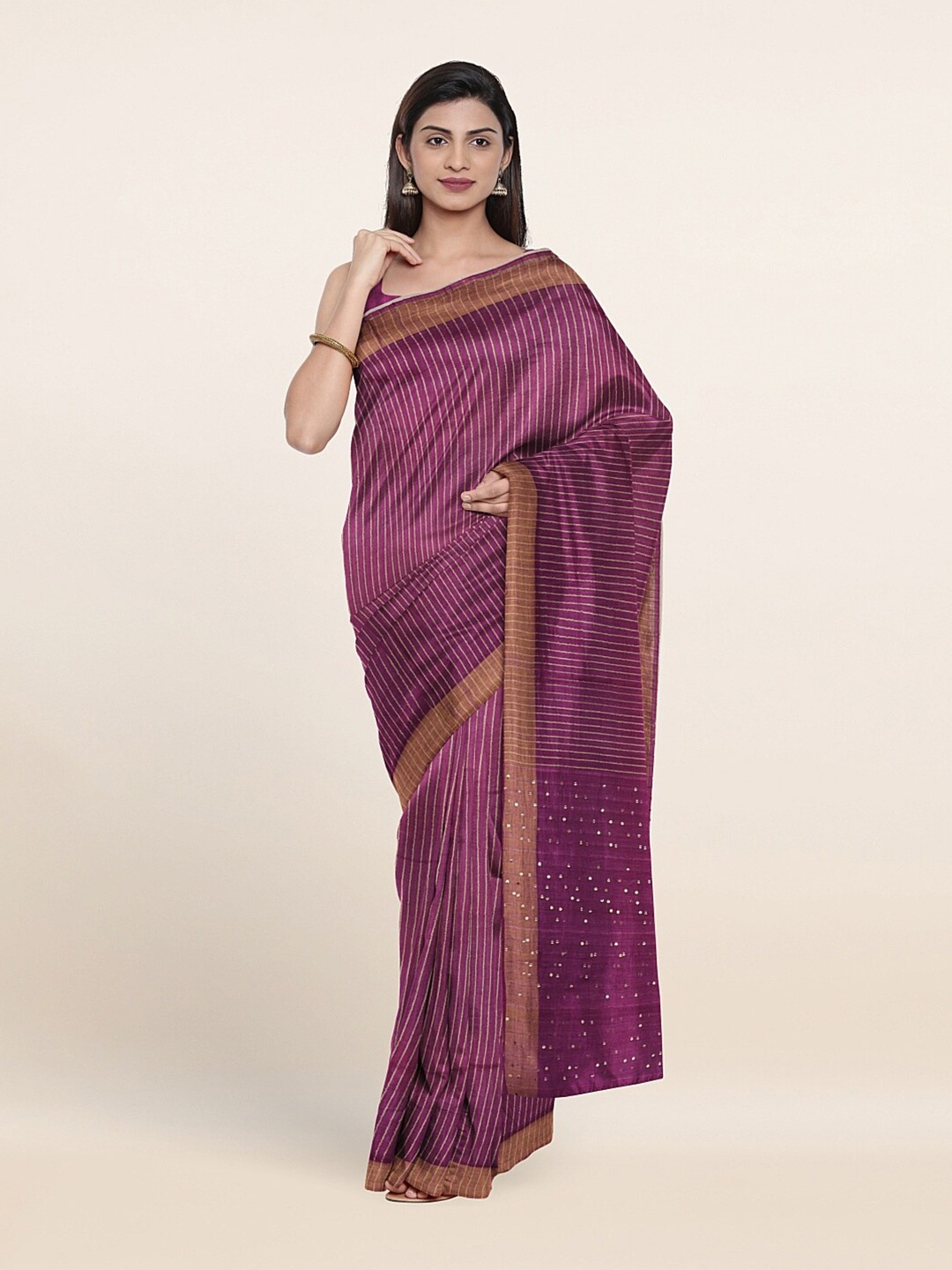 

Pothys Purple Striped Zari Jute Cotton Saree