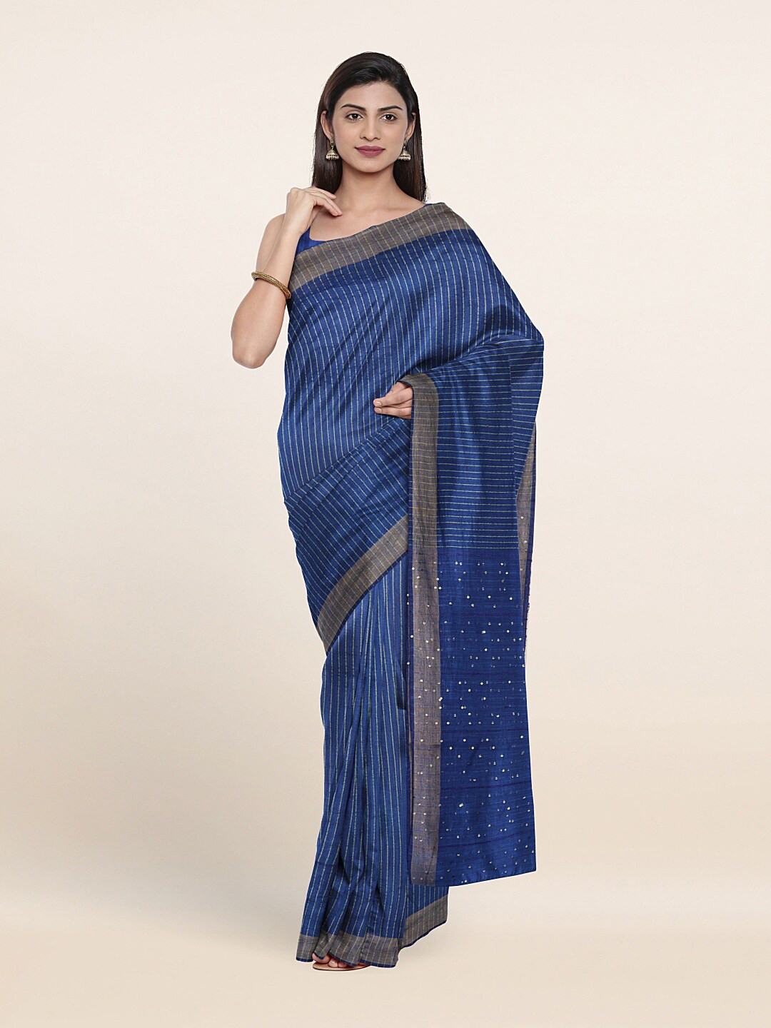 

Pothys Blue & Gold-Toned Striped Zari Jute Cotton Saree