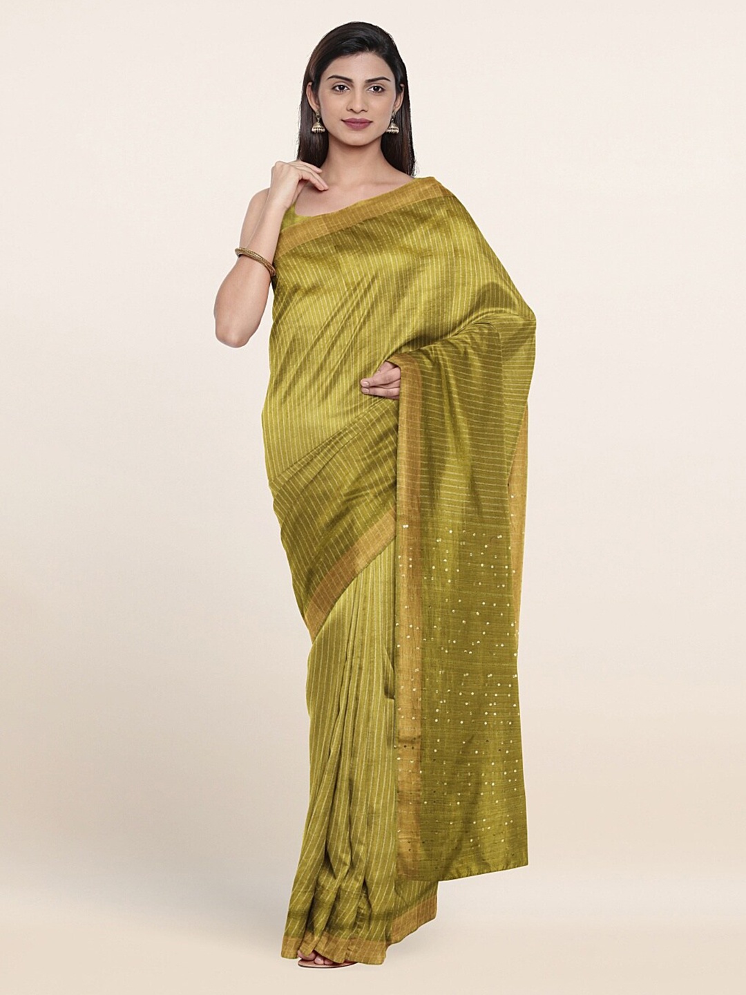 

Pothys Green & Gold-Toned Striped Jute Cotton Saree